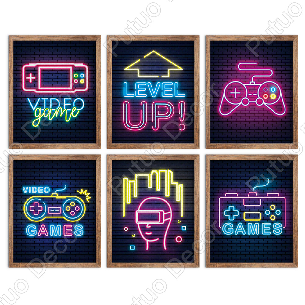 Putuo Decor Neon Gaming Art Posters Video Game Canvas Wall Art Gamepad Controller Man Cave Decor