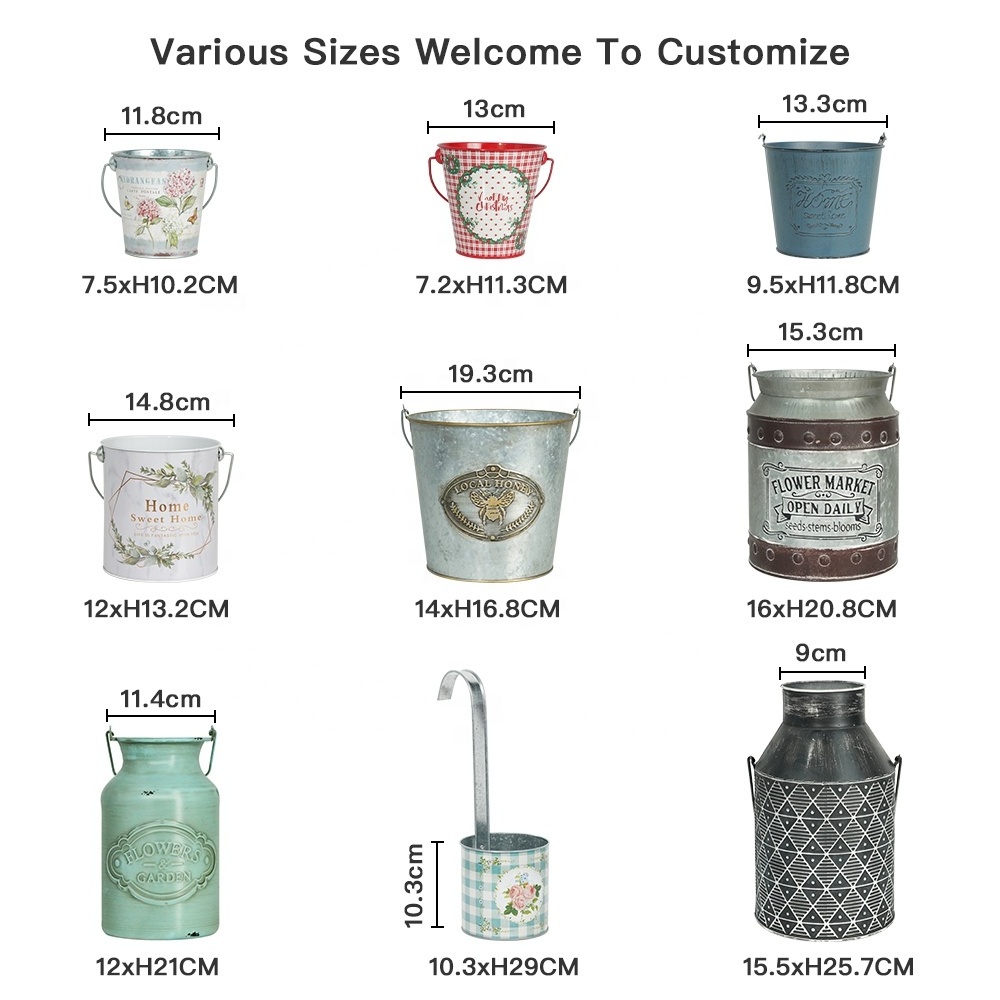 Putuo Decor Custom Logo Retro Style Hanging Metal Vase Garden Bucket Tin Flower Planter Pot with Handle