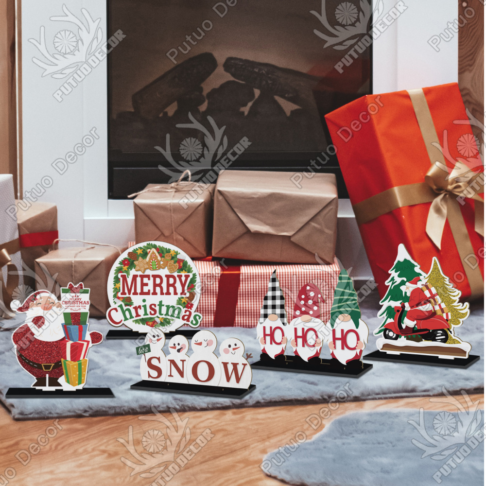 Putuo Decor Christmas Table Desk Decoration Cute Gift JOY Snowman Table Ornaments Wooden Sign