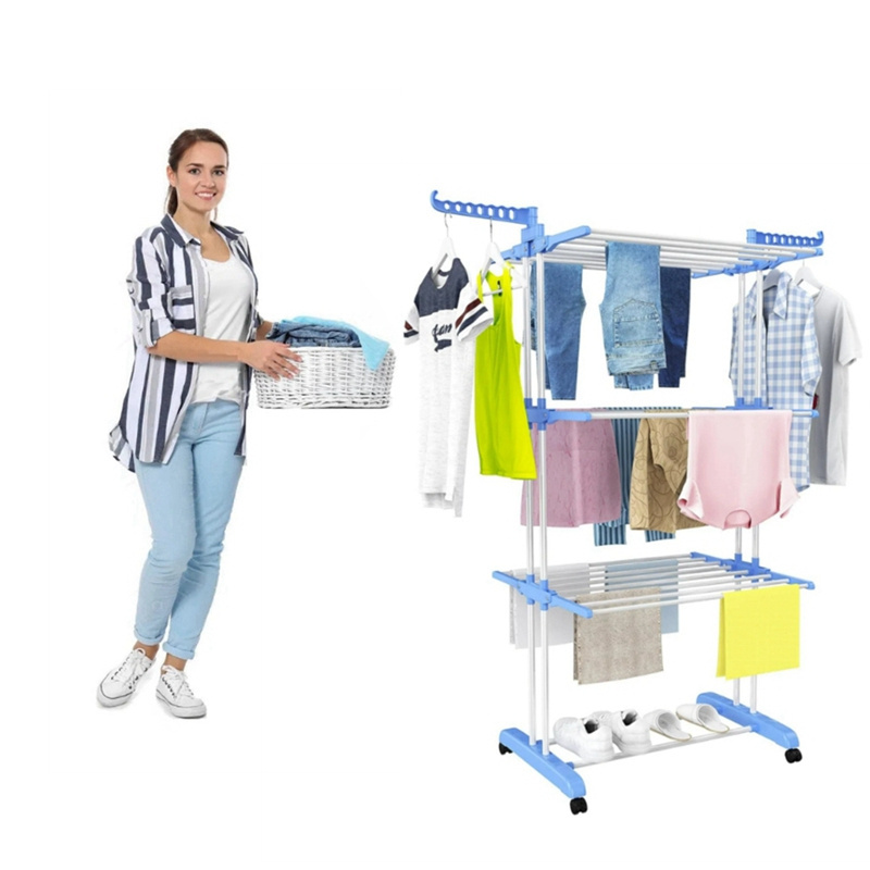 Large 3-Tier Folding Clothes Rail Multifunctional Laundry Drying and Storage Rack with 4 Castors for Bathroom Shelves