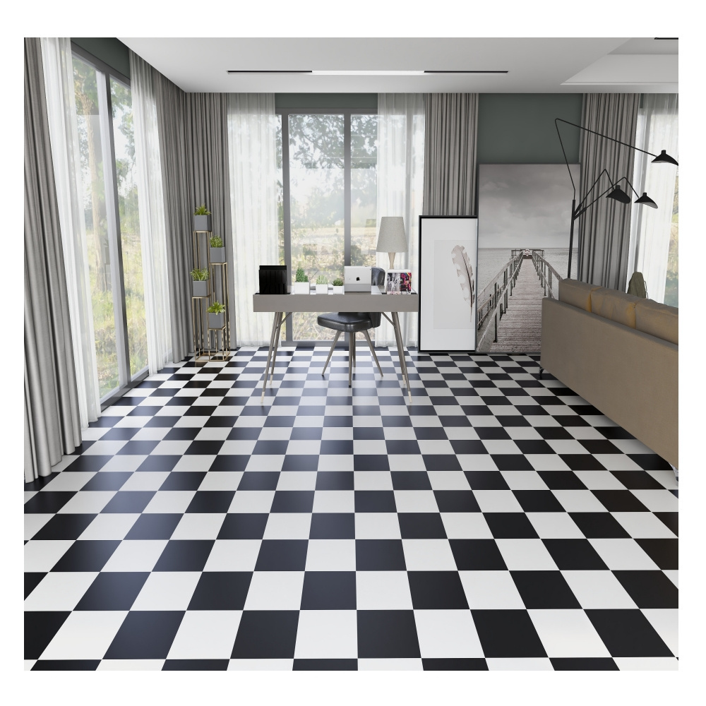 China Manufacture Square Size Black White Vinyl PVC Flooring Sticker Glue Down Self Adhesive Flooring Tiles