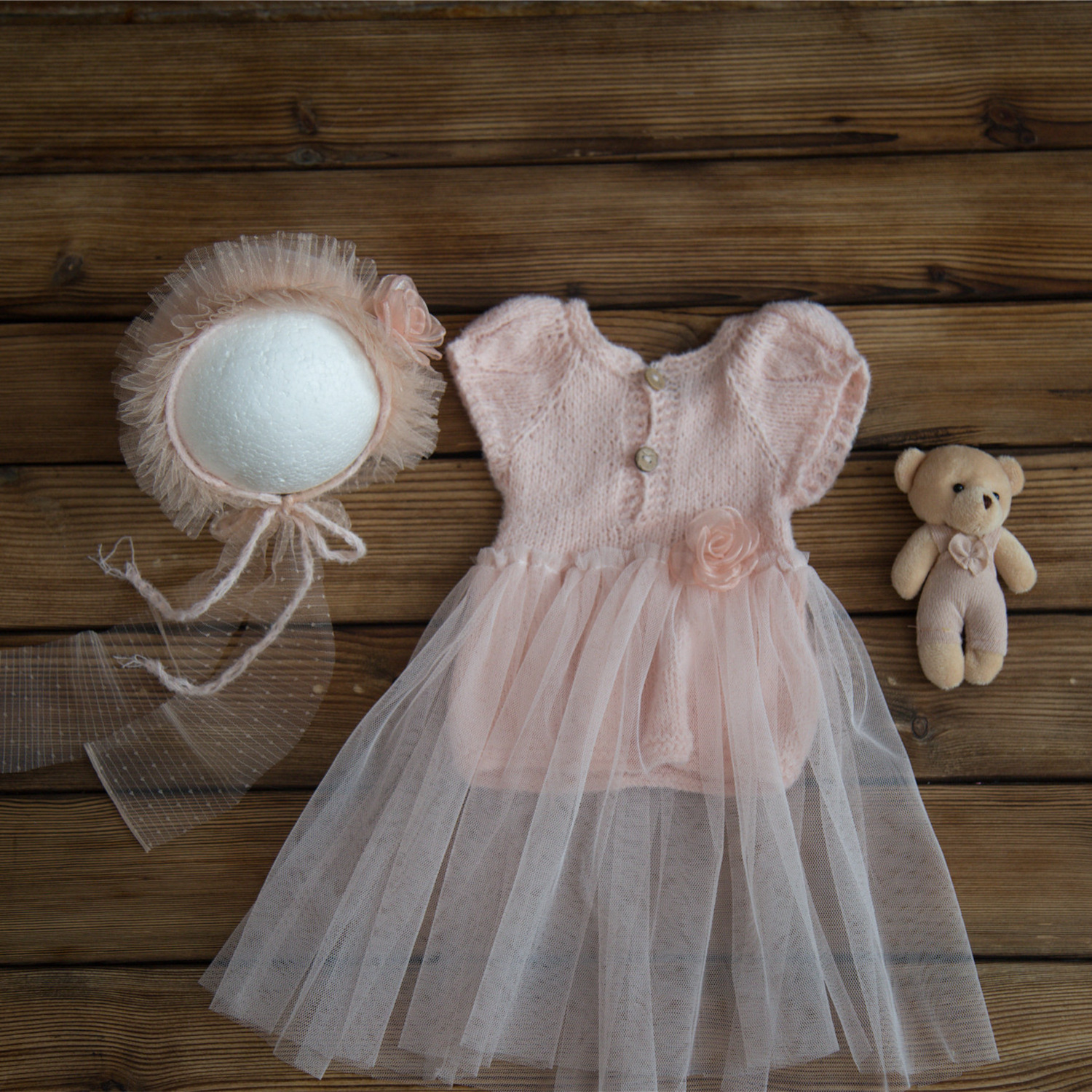 Pink Knitted Lace Newborn Girl Dress And Fuzzy Toy Photography Props Overall Clothes Suit Baby Boy Romper Diaper Stretch Fabric