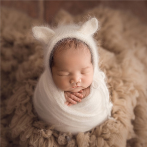 Baby Shower Gift Cute Bear Hat Fluffy Newborn Baby Crochet Outfit Stretch Knit Wrap Layer Fabric