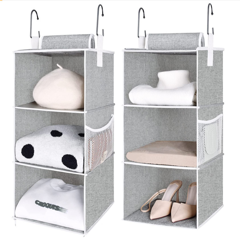 Detachable 3 Shelf Hanging Closet Organizers Collapsible Closet Hanging Shelves for Clothes and Shoes Canvas Gray