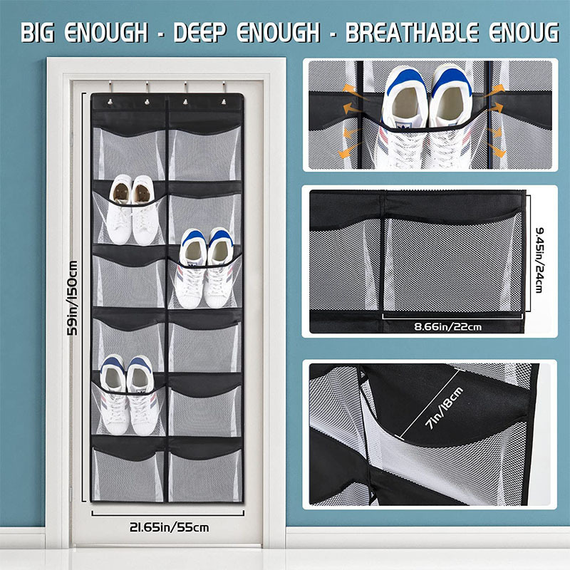 Breathable Fabric Over The Door Hanging Shoe Organizer, Big Pocket Size Over the Door Complete with 4 Strong Metal Hook