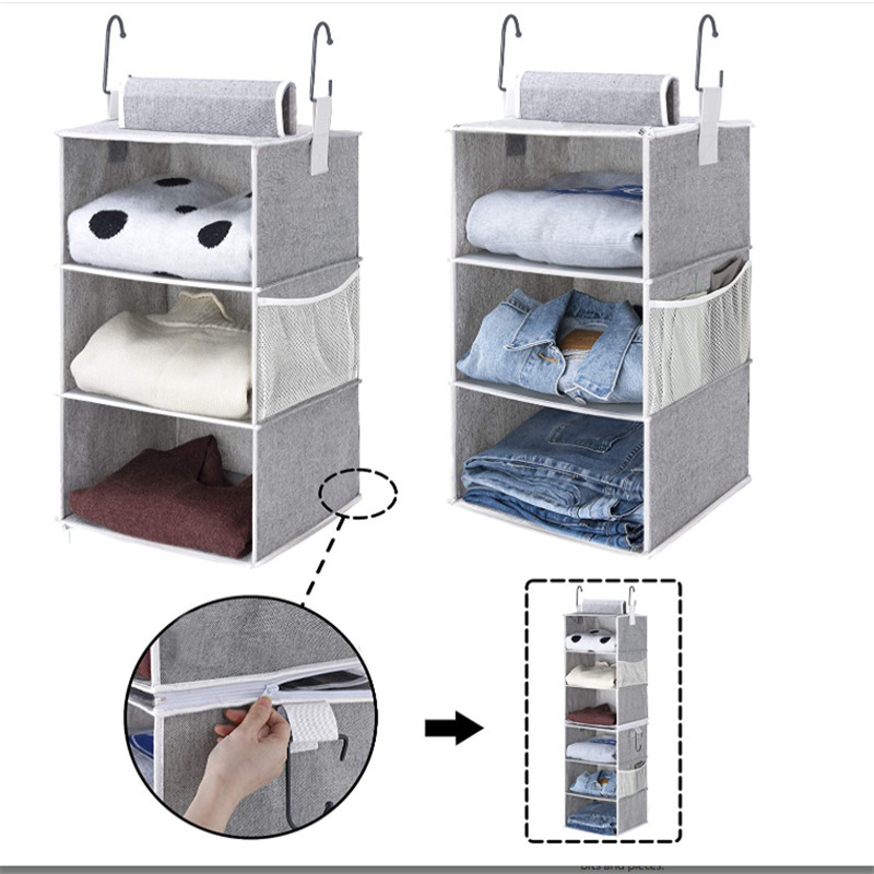 Detachable 3 Shelf Hanging Closet Organizers Collapsible Closet Hanging Shelves for Clothes and Shoes Canvas Gray