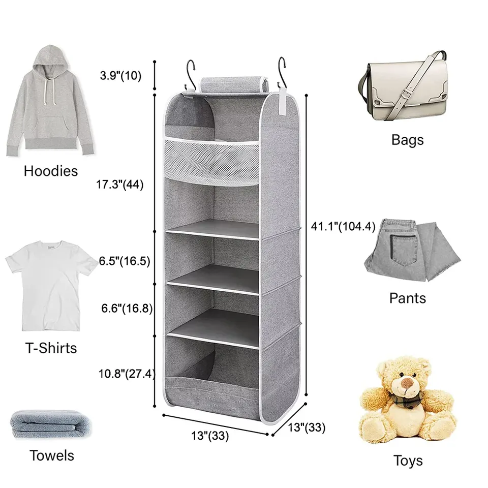 5-shelf Hanging Storage Closet Hanging Organizer For Closet Rod Hanging Cloth Organizer Storage