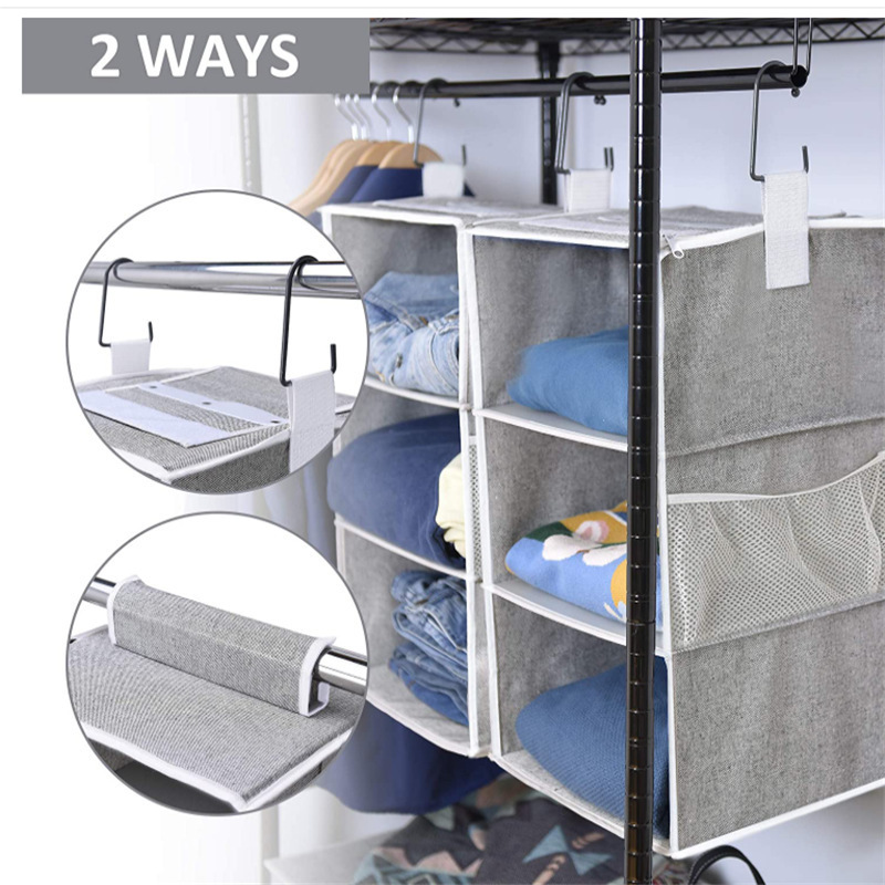 Detachable 3 Shelf Hanging Closet Organizers Collapsible Closet Hanging Shelves for Clothes and Shoes Canvas Gray