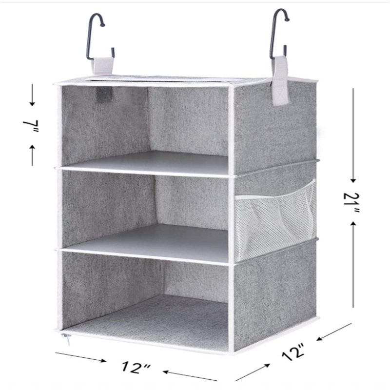 Detachable 3 Shelf Hanging Closet Organizers Collapsible Closet Hanging Shelves for Clothes and Shoes Canvas Gray