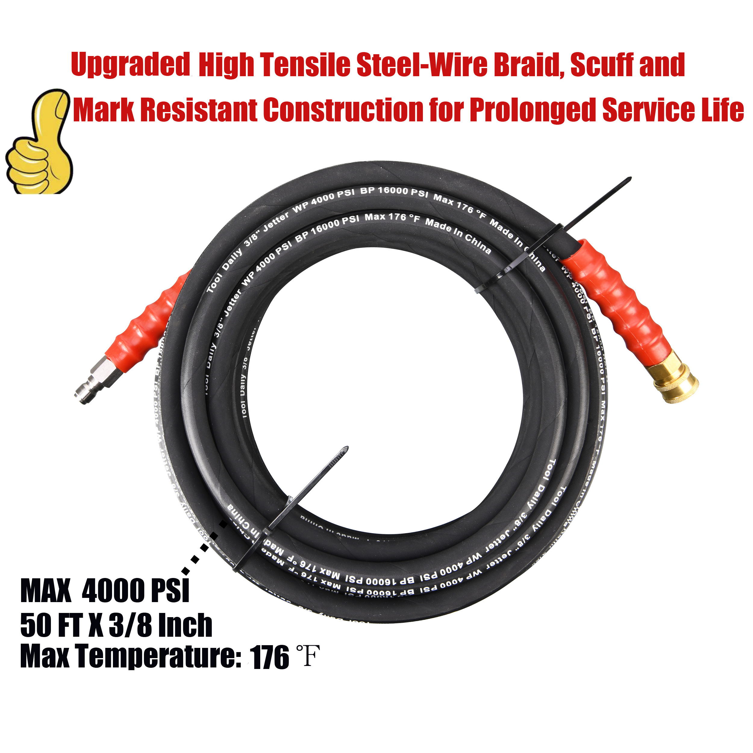 50 Ft 3/8 Pressure Washer Hose High Tensile Wire Braided Power Washer Hose