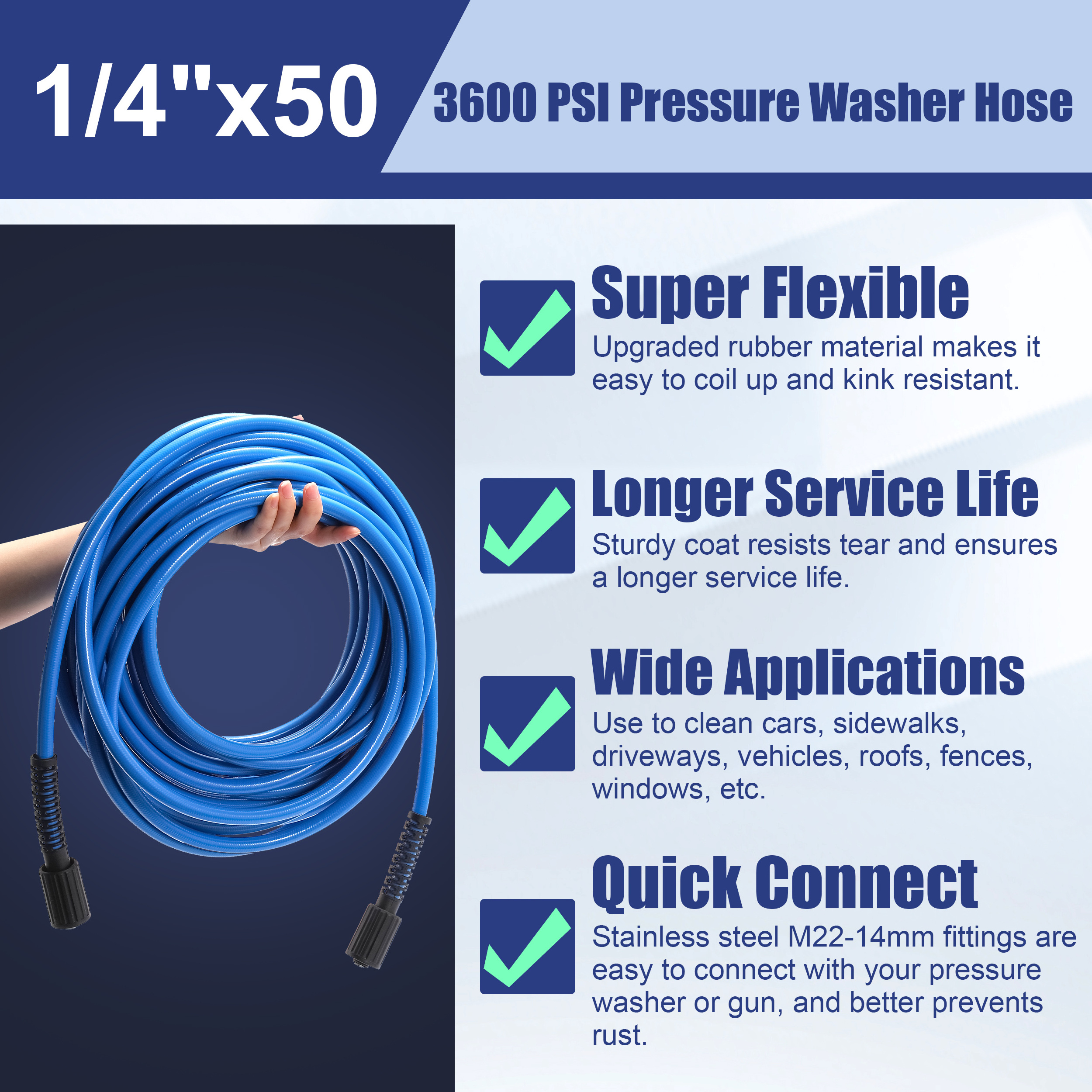 Blue High Pressure Car Wash Hose 3600 Psi 50 Ft Pressure Washer Hose Replacement Hose With M22 Fittings