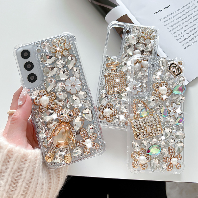 Perfume Bear Design Diamond Mobile Clear Pink Smartphone Case Cover For Iphone 12 Pro Max 13 14 11 xr xs max xs