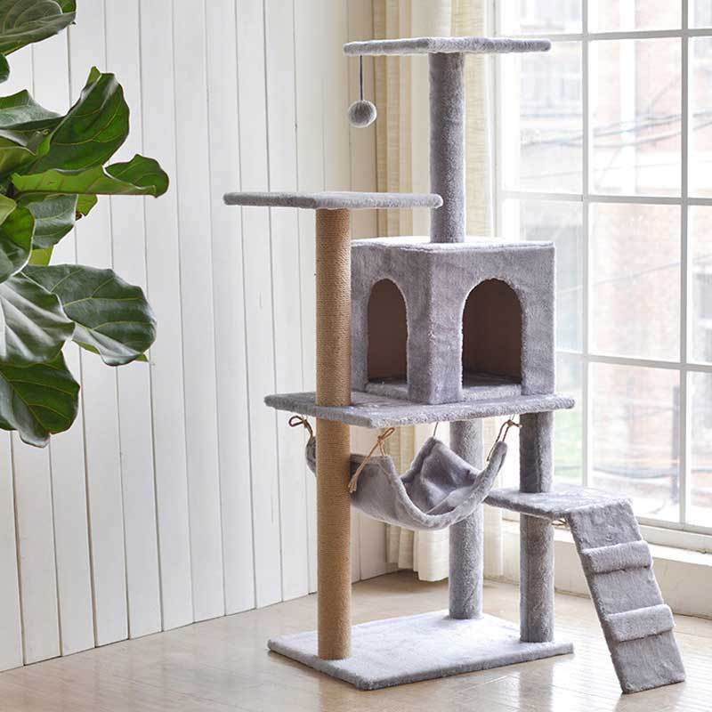 wooden Cat climbing frame with Padded Plush Perch cat tower tree condo Cozy Hammock and Sisal Scratching Posts For large cats