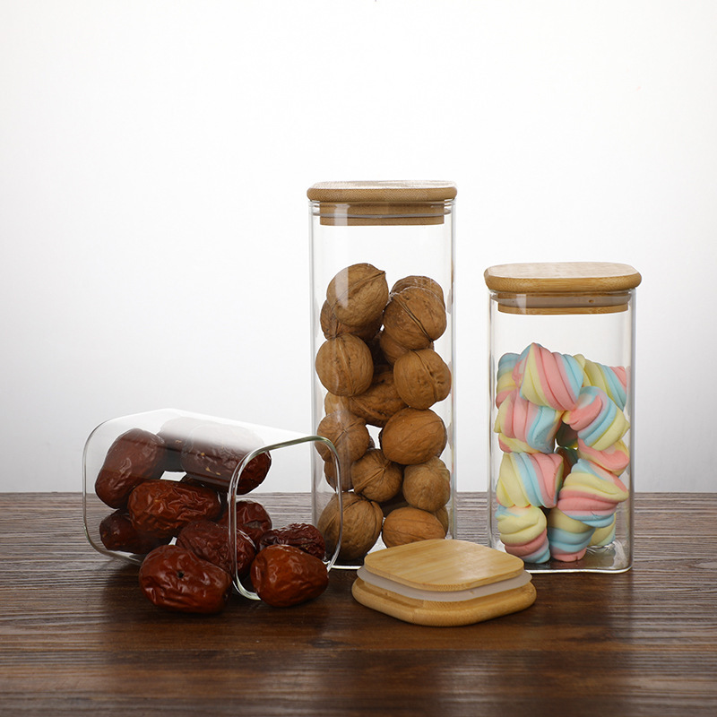 Wholesale different size Airtight round Glass Jar with a Natural Bamboo sealant Lid for Storage Coffee Nuts Cookie