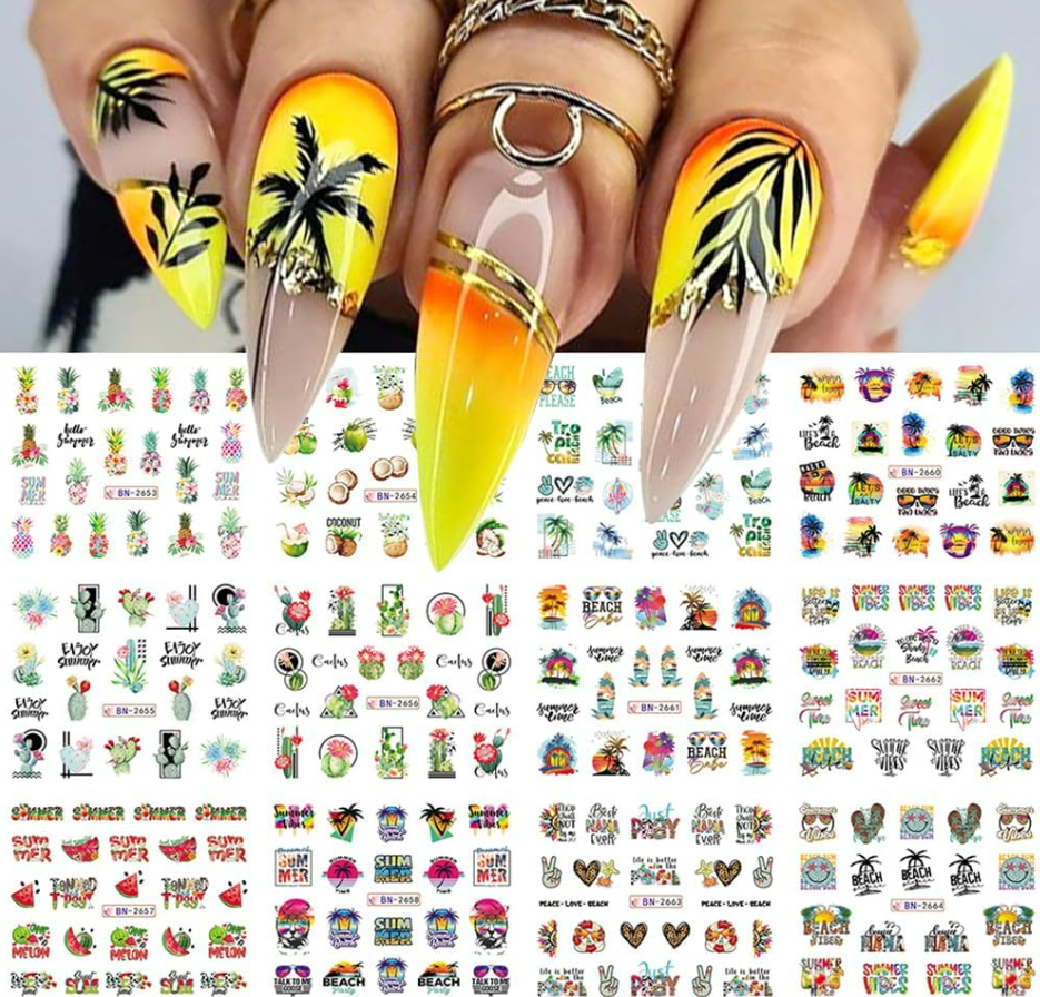 Wholesale Price Summer Day Nail Stickers Palm Tree Coconut Nail Stickers DIY Art Decals Strips