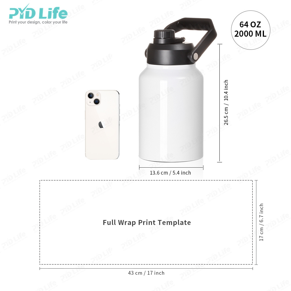 PYD Life 64 oz Custom Personalized Gift Stainless Steel Blank Sublimation Gym Sport Water Bottles with Lids