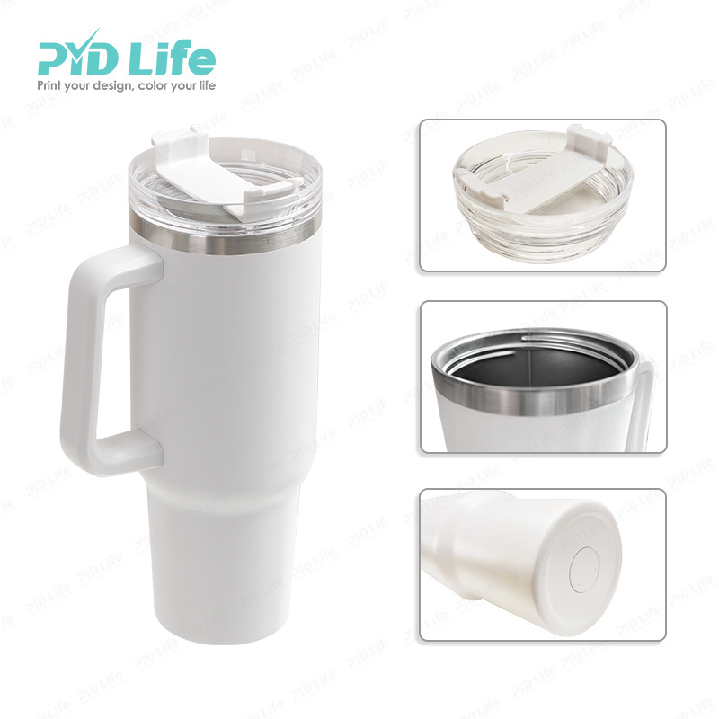 PYD Life Travel Coffee Mug Custom Powder Coating Yety Double Wall Stainless Steel 40oz Tumbler Cup with Handle and Straw