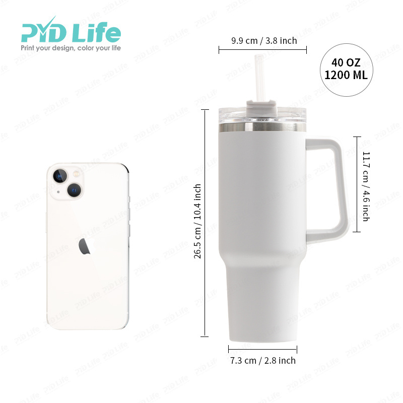 PYD Life Travel Coffee Mug Custom Powder Coating Yety Double Wall Stainless Steel 40oz Tumbler Cup with Handle and Straw