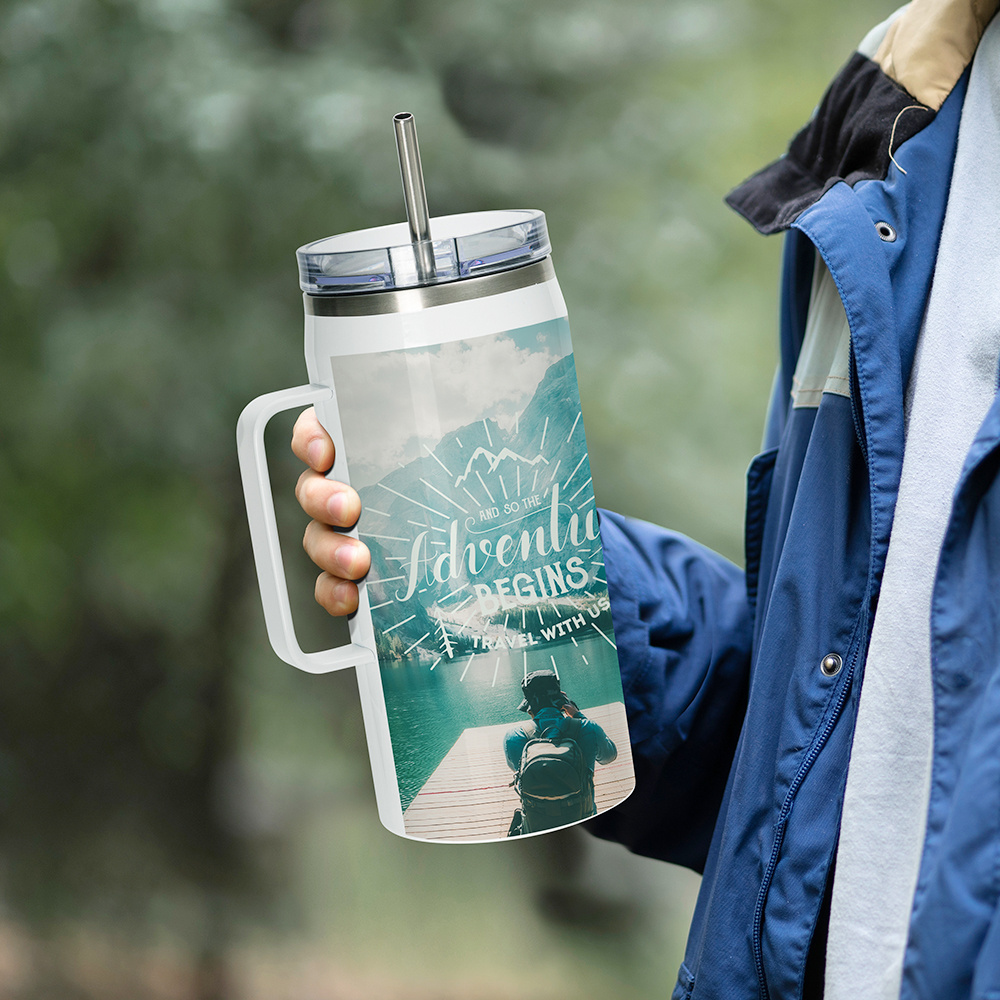 Sublimation Travel Mugs Tumblers Blanks with Handle Lid Custom Insulated Stainless Steel Water Bottle 30oz 40oz Outdoor Mugs