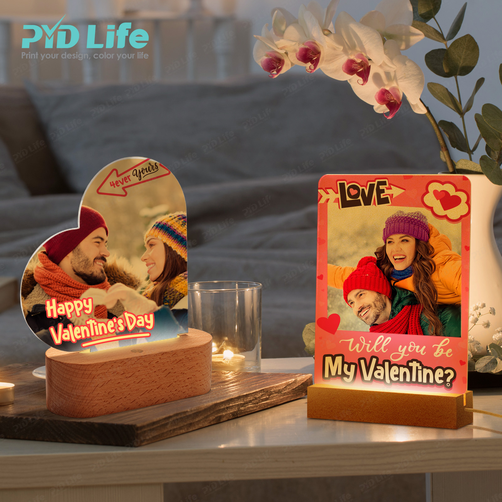 PYD Life Personalized Photo 3d Led Lamp Night Light Valentines Day Gift Sublimation Acrylic Photo Frame With Wooden Stand