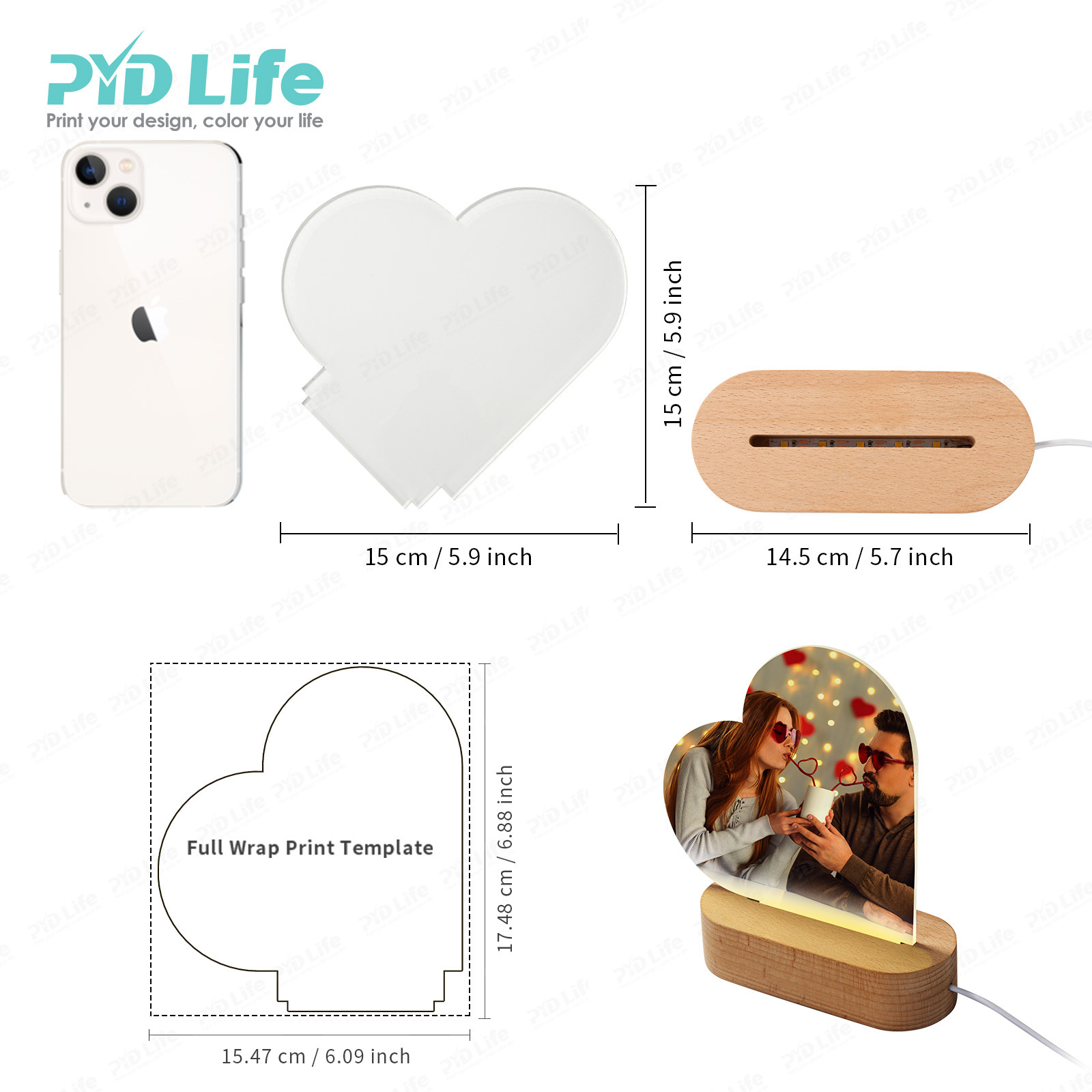 PYD Life Personalized Photo 3d Led Lamp Night Light Valentines Day Gift Sublimation Acrylic Photo Frame With Wooden Stand