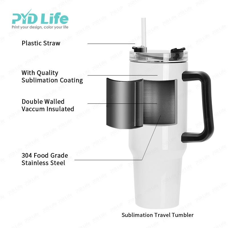 PYD Life 40 oz Travel Double Wall Stainless Steel Sublimation Cup Custom Logo 40oz Tumbler with Handle