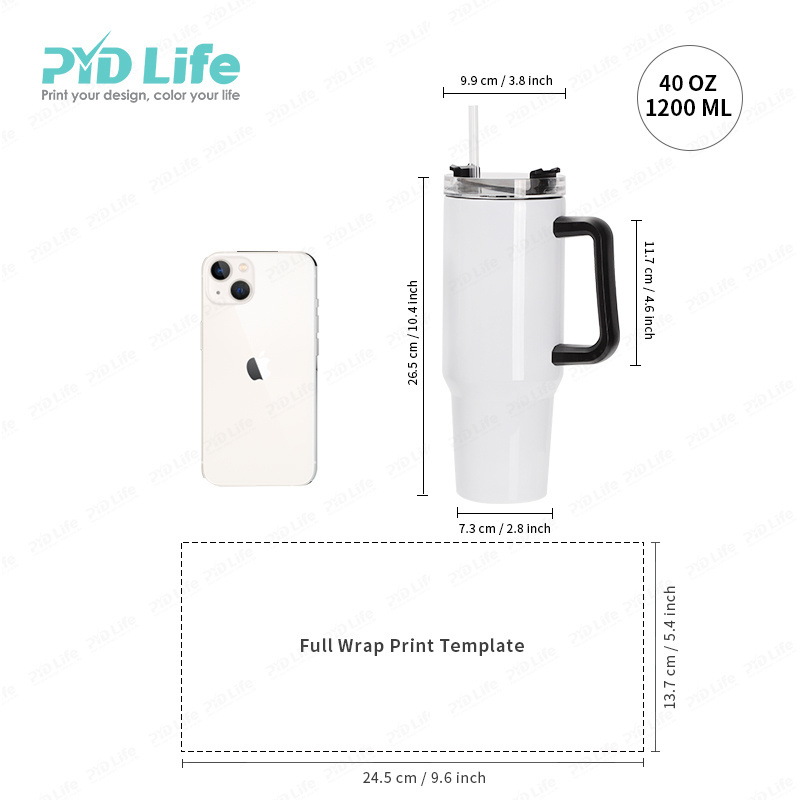 PYD Life 40 oz Travel Double Wall Stainless Steel Sublimation Cup Custom Logo 40oz Tumbler with Handle