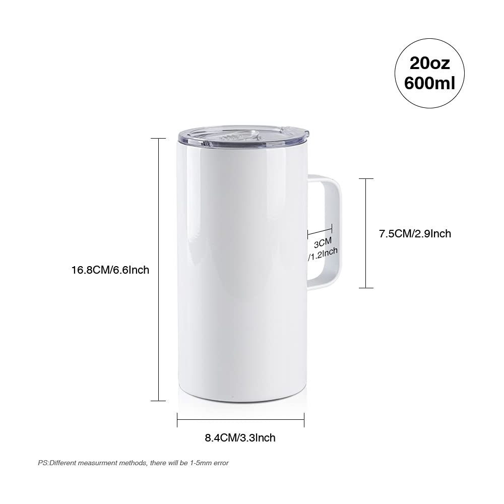 25 Pack 20oz Tumbler White Double Wall Stainless Steel 20 oz/600ml Skinny Sublimation Straight Tumblers with Handle and Lid