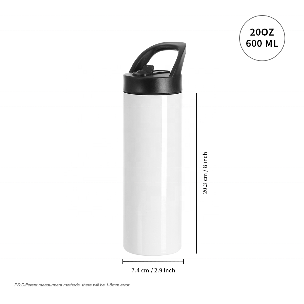 PYD Life RTS 20oz Straight White Sublimation Skinny Stainless Steel Water Bottle Tumbler with Black Portable Straw Lid