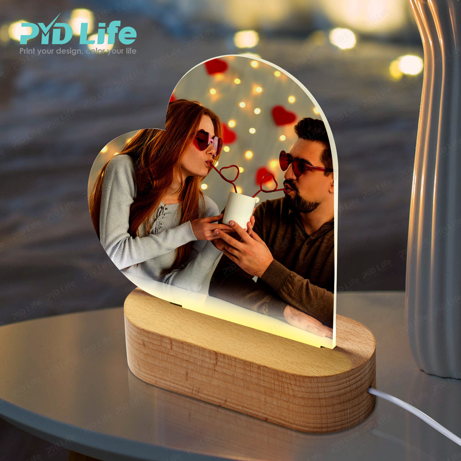 PYD Life Personalized Photo 3d Led Lamp Night Light Valentines Day Gift Sublimation Acrylic Photo Frame With Wooden Stand