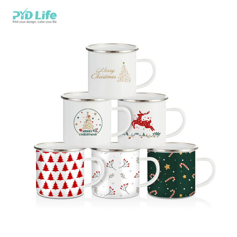 PYD Life Wholesale Customized Sublimation Christmas Xmas Gifts Santa White Bulk Enamel Coffee Mugs Camping Sublimation Mug