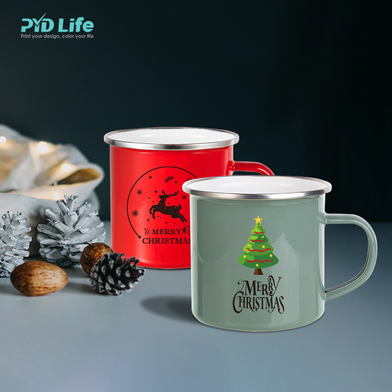 PYD Life Wholesale Customized Sublimation Christmas Xmas Gifts Santa White Bulk Enamel Coffee Mugs Camping Sublimation Mug