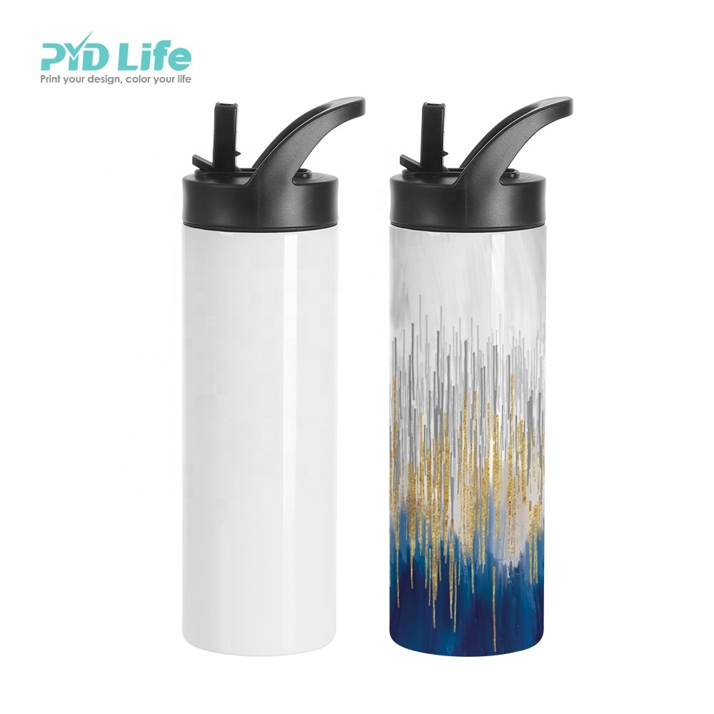 PYD Life RTS 20oz Straight White Sublimation Skinny Stainless Steel Water Bottle Tumbler with Black Portable Straw Lid