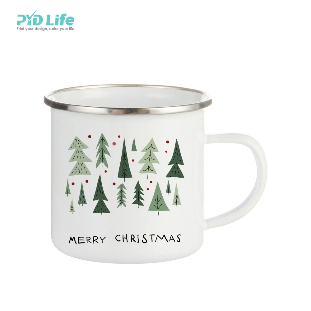 PYD Life Wholesale Customized Sublimation Christmas Xmas Gifts Santa White Bulk Enamel Coffee Mugs Camping Sublimation Mug