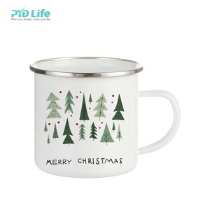 PYD Life Wholesale Customized Sublimation Christmas Xmas Gifts Santa White Bulk Enamel Coffee Mugs Camping Sublimation Mug