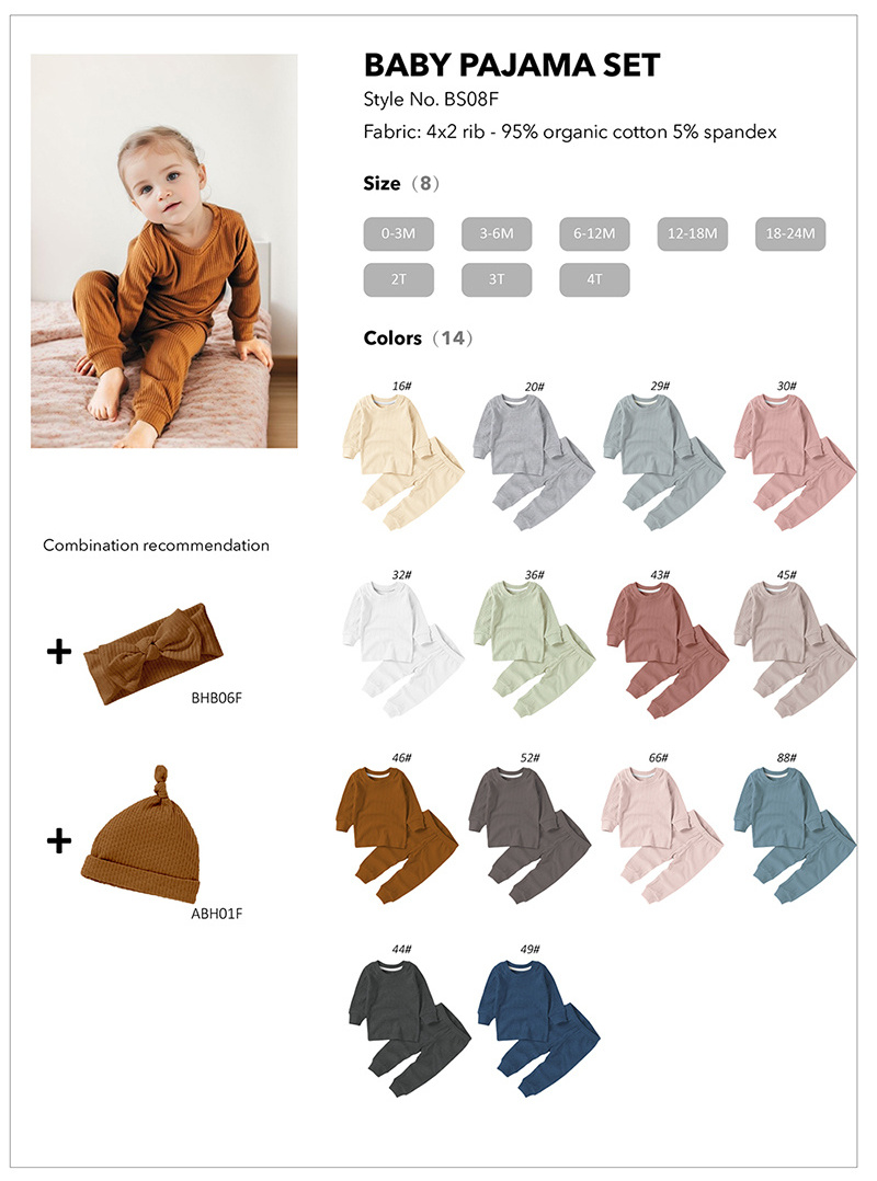 Long Sleeve Knitted Baby Pajamas Sets Organic Cotton Unisex Baby Clothing Two Pieces Outfits Plain Color Boys And Girls