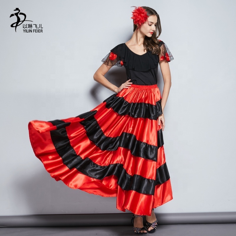 Adult Belly Dance Satin Skirt Female Tribal Ballroom Dance Dresses Famenco Costumes Full Circle Flamenco Skirt