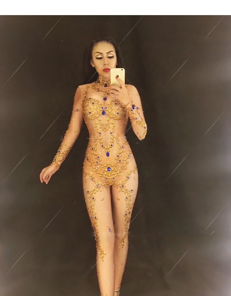 Sexy full diamond gold jumpsuit stage performance clothes female song walkout DjDs guest stage clothes