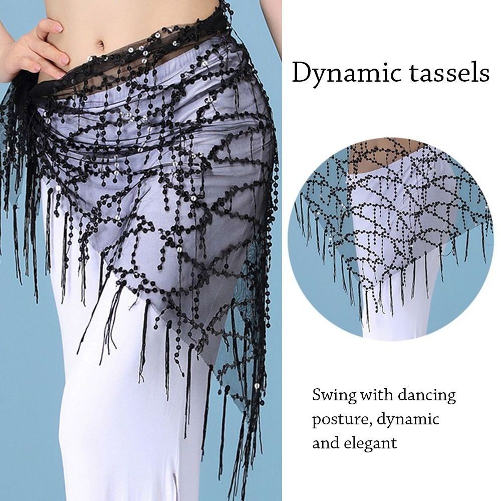 Belly Dance Accessories Stretchy Crochet Net Shawl Tassel Belt Belly Dance Hip Scarf Square Sequins