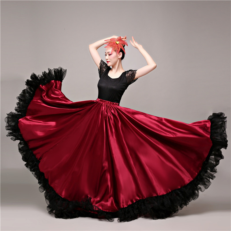 Spain Dance Costumes Flamenco Skirt Ballroom Women Satin Dress Gypsy Red Stage Wear Performance Stage Show Costume