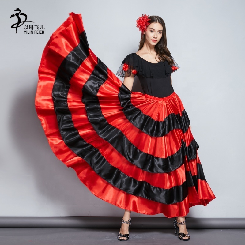 Adult Belly Dance Satin Skirt Female Tribal Ballroom Dance Dresses Famenco Costumes Full Circle Flamenco Skirt