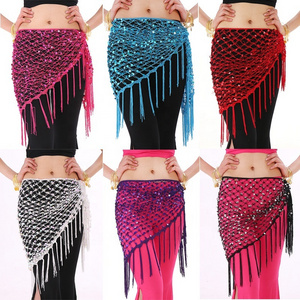 12Colors Belly Dance Clothes Accessories Stretchy Crochet Net Shawl Tassel Belt Belly Dance Hip Scarf Square Sequins