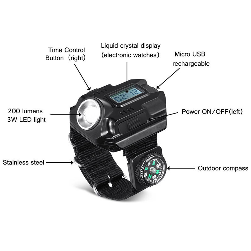 Portable XPE  LED Wrist Watch Flashlight Torch Light USB Charging Tactical Rechargeable Sports Running lighting