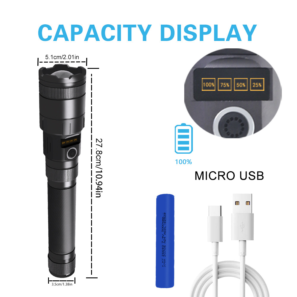 New  XHP70 waterproof IPX5 USB rechargeable  flashlight USB charging power display P70 retractable dimmer flashlight