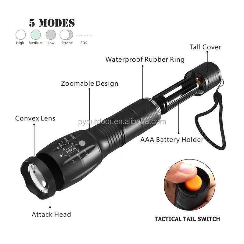 High quality self-defense T6 led bulb 1000lm handheld adjustable waterproof rechargeable tactical led flashlight