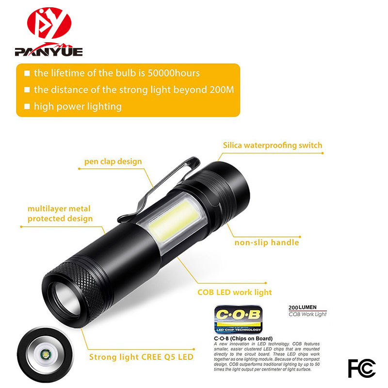 high-quality Mini 500 Lumens Handheld Light Waterproof COB LED Flashlight 3 Modes LED Torch