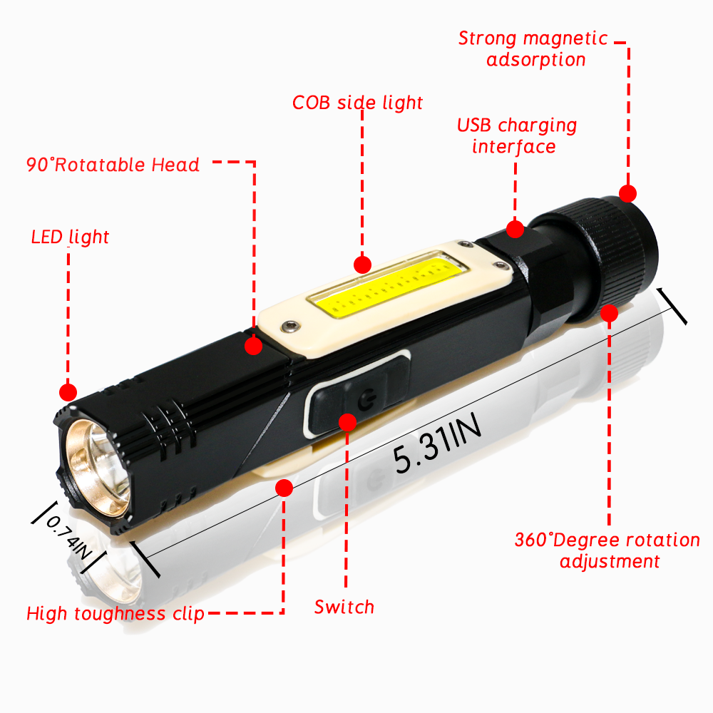 Magnetic LED Flashlight Ultra Bright Waterproof COB Light USB Rechargeable Torch Tail Magnet Work Light 90 Degrees Rotation