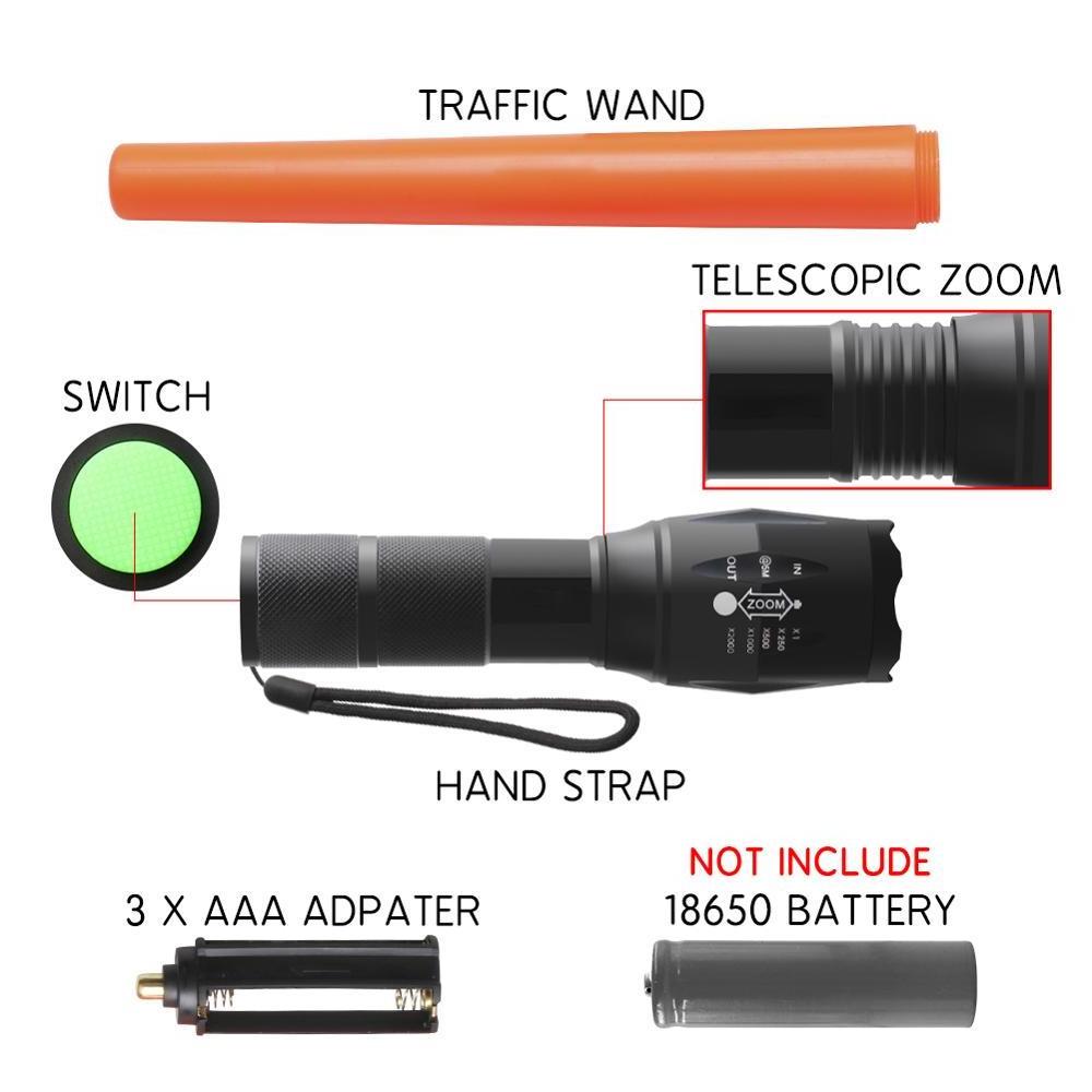 Hot Selling Traffic Signal Baton Wand Rechargeable LED Flashlight 5 Modes Zoomable Flash Light 18650