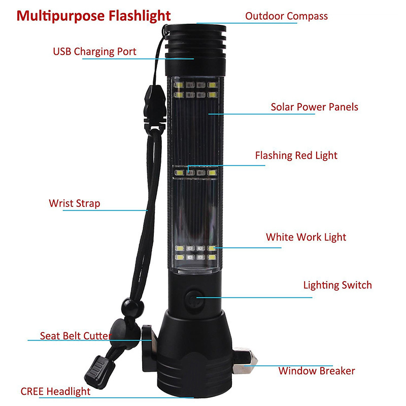 Waterproof  Rechargeable Power Bank Led Flashlight T6 COB Led Torch Light Multi Function Solar Led Flashlight With USB Charger