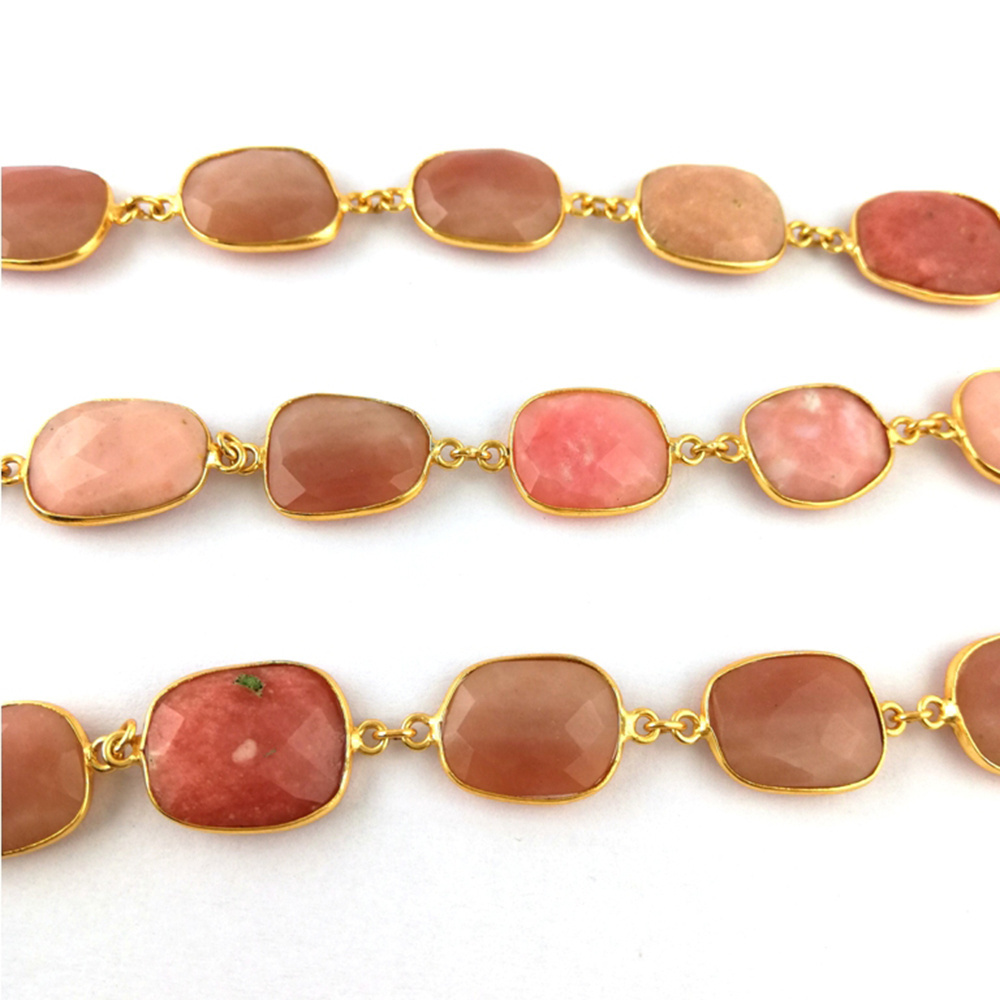 Pink Opal Gemstone Bezel Set Connector Chain12-16mm Gemstone Bezel Brass Connector Chain Free Form Shape Gemstone